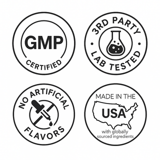 GMP Certified, 3rd Party Lab Tested, No Artificial Flavors, Made in the USA with globally sourced ingredients