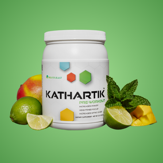 Kathartik pre-workout tub with a refreshing blend of mango, mint, and lime flavor, showcased with vibrant fruits in the background to highlight the energizing taste.